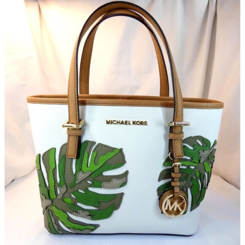 Michael Kors White Leather Palm Leaves Medium Purse Handbag Tote New ADORABLE